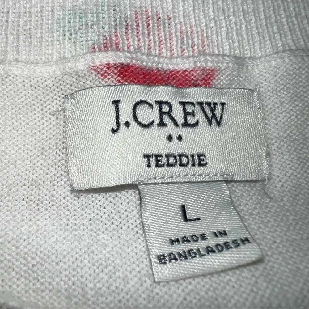 J. Crew Teddie Strawberry Print Cotton Sweater Cream Preppy Red Fruit Graphic L
